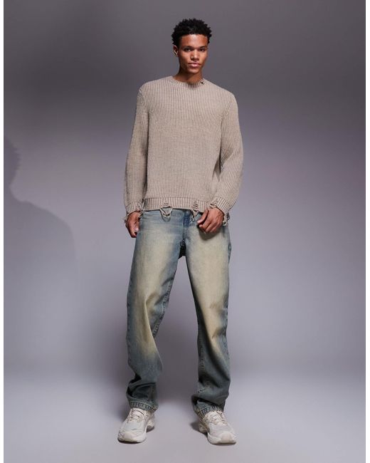 ASOS Gray Relaxed Knitted Crew Neck Jumper With Raw Edge for men