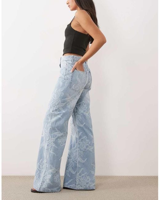 Gina Tricot Blue Wide Leg Embroidered Jeans