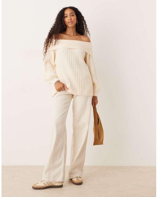 ASOS Oversized Rib Knit Off Shoulder Jumper With Balloon Sleeve in ...