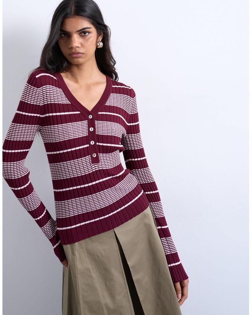 TOPSHOP Purple Knitted V Neck Striped Long Sleeve Top