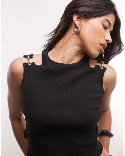 Liquor N Poker Black Ribbed Buckle Detail Vest Top