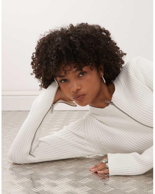 Weekday White Fitted Zip Through Caridgan With Sleeve Zip Detail