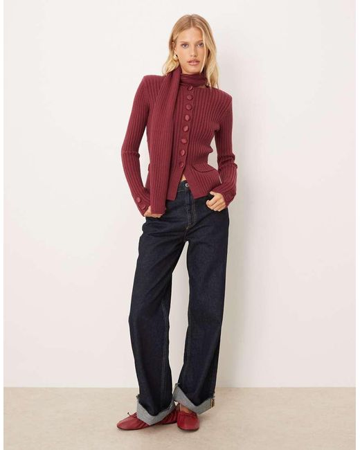 House Of Sunny Red Power Peggy Classic Rib Knit Button Up Cardigan With Scarf
