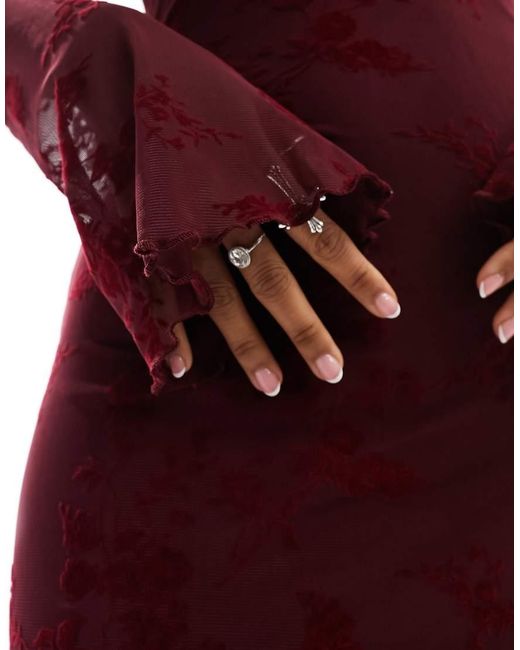Motel Red Devore Long Sleeve Mesh Mini Dress