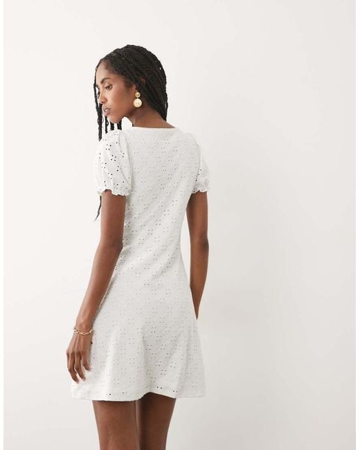 Miss Selfridge White Textured Mini Dress With Keyhole And Picot Trim