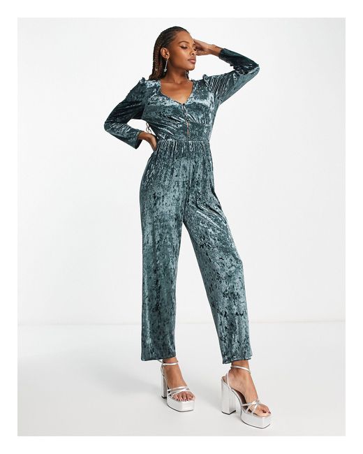 Monki Crushed Velvet Jumpsuit in Blue Lyst