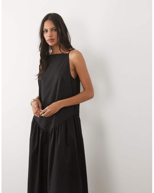 ASOS Black Poplin Slash Neck Drop Waist Maxi Dress