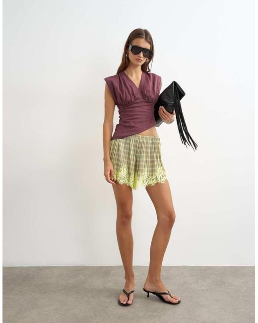 TOPSHOP Multicolor Check Print Lace Trim Shorts