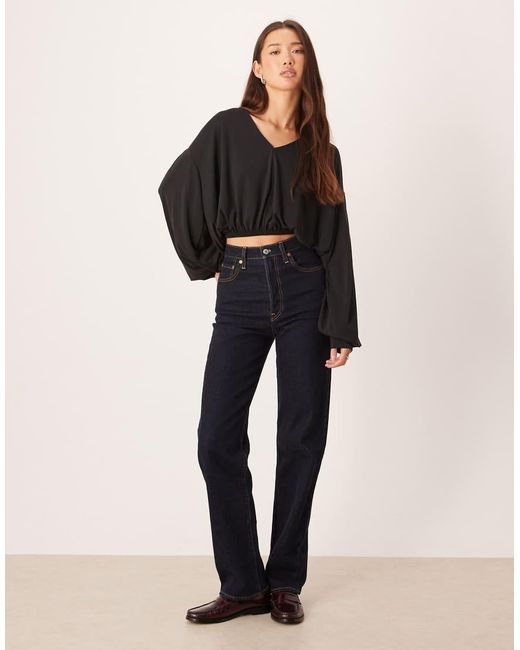 ASOS Black Modal Cropped Balloon Sleeve V Neck Top