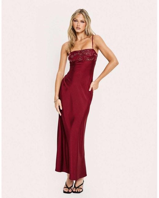 Princess Polly Red Engracia Satin Sequin & Bead Detail Cami Square Neck Maxi Dress