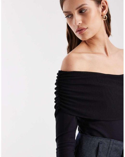 ASOS Black Mesh Bardot Long Sleeve Bodysuit With Cotton Body