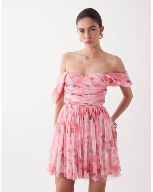 LACE & BEADS Pink Tulle Off The Shoulder Draped Sleeves Mini Dress