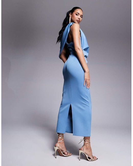 ASOS Blue Scuba Pleated Fallen Shoulder Midi Dress With Asymmetric Back