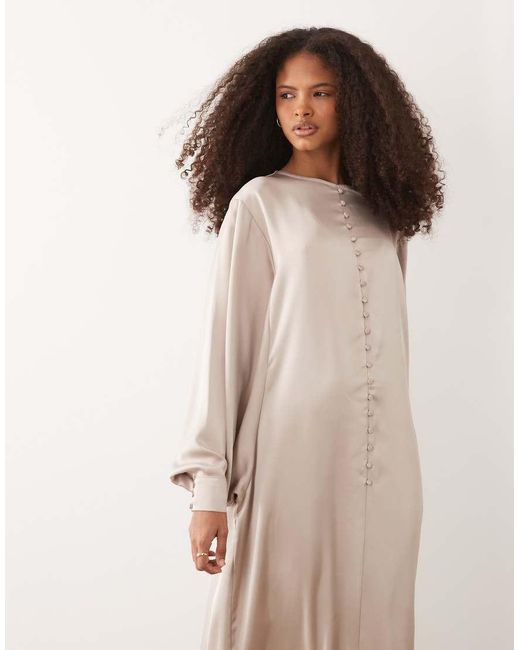 Iyal Natural Satin Balloon Sleeve Button Detail Floaty Maxi Dress