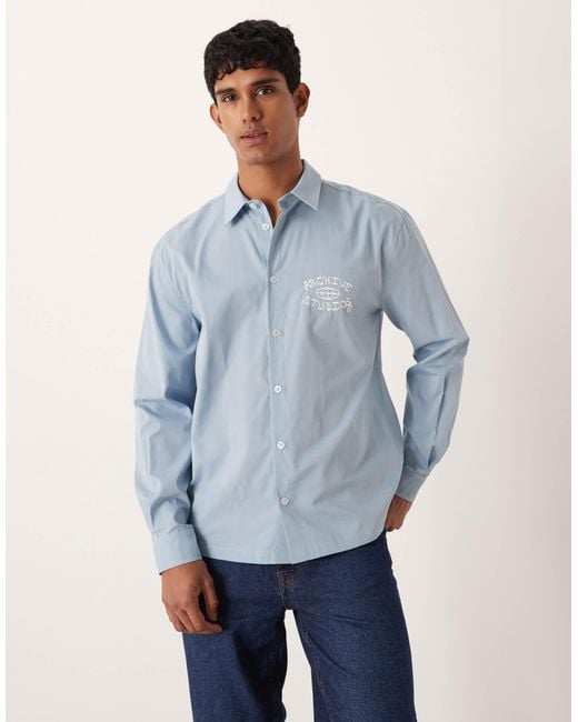 ASOS Blue Relaxed Shirt With Chest And Back Embroidery for men
