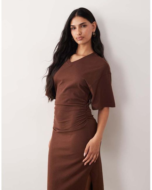 ASOS Brown Short Sleeve V Neck Midaxi Ruched T Shirt Dress With Split