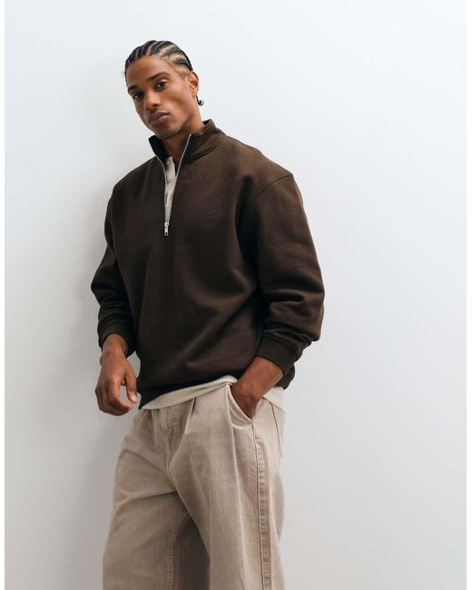ASOS Brown Essentials Relaxed Quarter Zip Sweatshirt for men