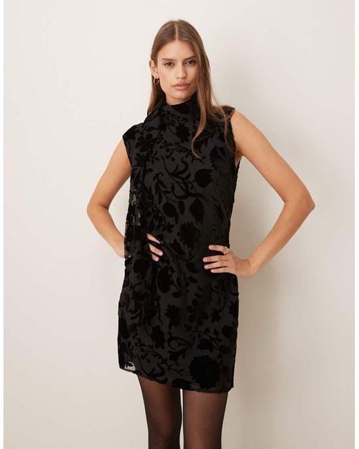 Mango Black High Neck Sleeveless Mini Dress With Jacquard Floral Detail