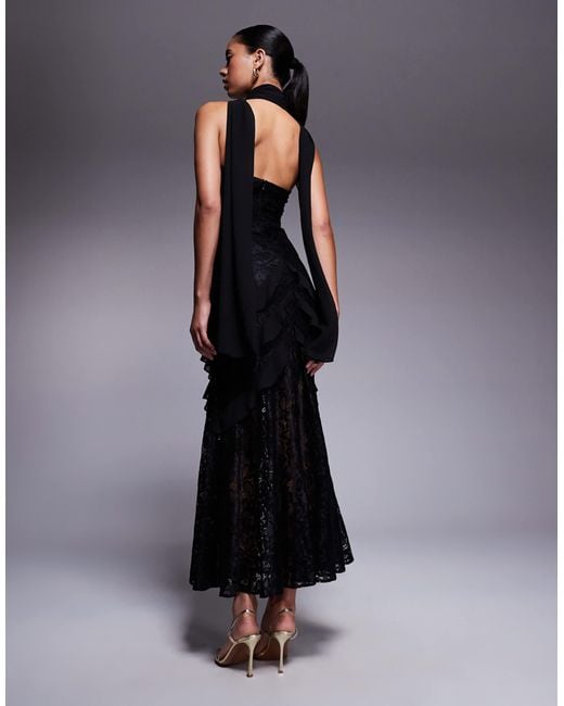 Forever New Blue – maxikleid mit schalkragen, rüschen und spitze