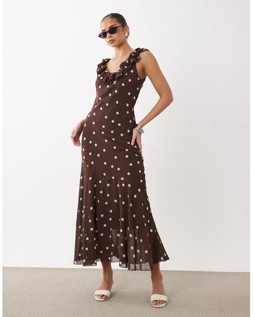 Gina Tricot Brown Off The Shoulder Maxi Asymmetric Frill Dress