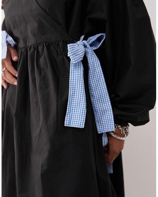 Collusion Black Oversized Wrap Maxi Smock Dress With Contrast Gingham Ties