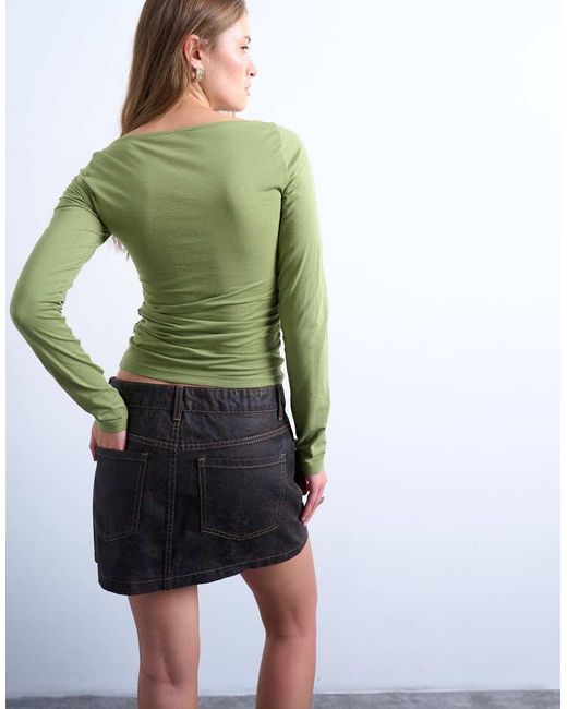 TOPSHOP Top Van Modal Met Rimpeleffect, Rechte Hals En Lange Mouwen in het Green