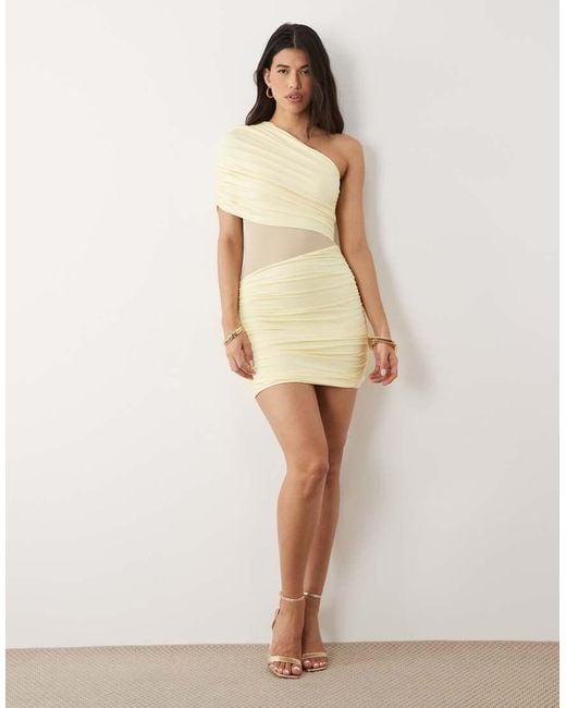 Aria Cove Natural Double Layered Slinky Detail One Shoulder Ruched Detail Mesh Insert Mini Dress