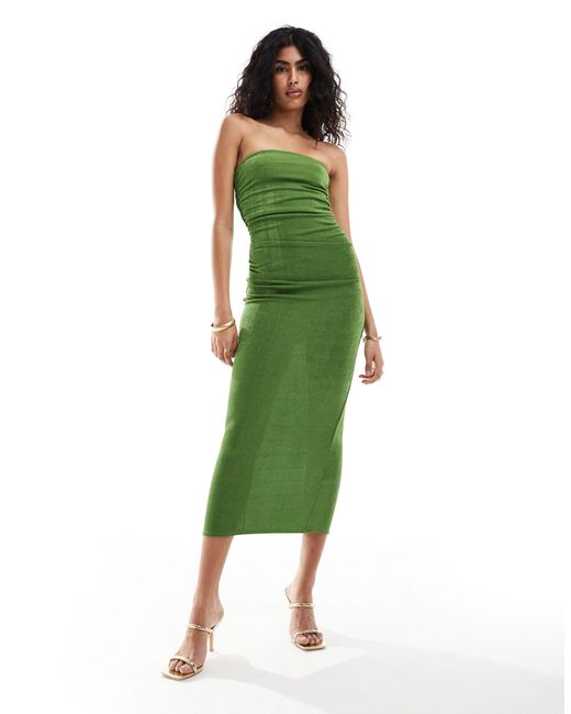 New Look Green Ruched Side Bandeau Midi Dress