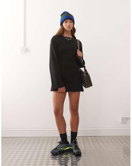 Monki Natural Cinched Waist Long Sleeve Mini T-shirt Dress