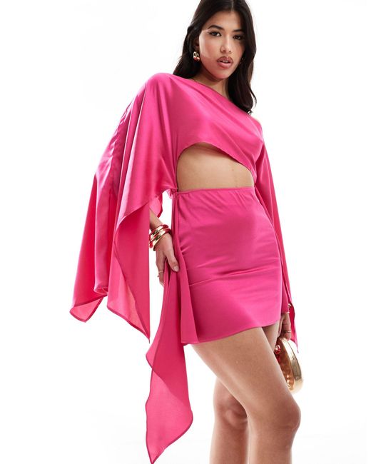 Aria Cove Pink Satin Kimono Sleeve Cut Out Tie Front Mini Dress