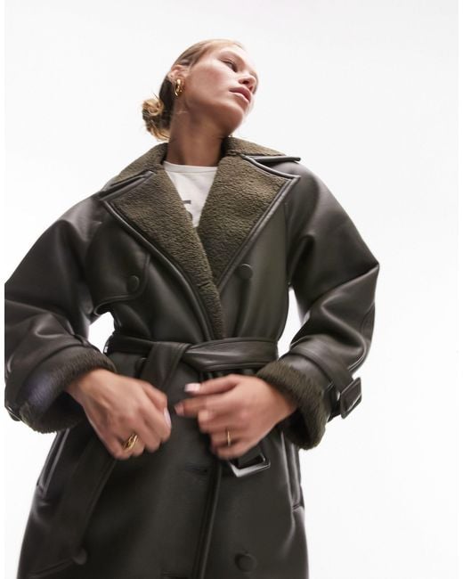 TOPSHOP Brown Faux Leather Bonded Borg Trench Coat