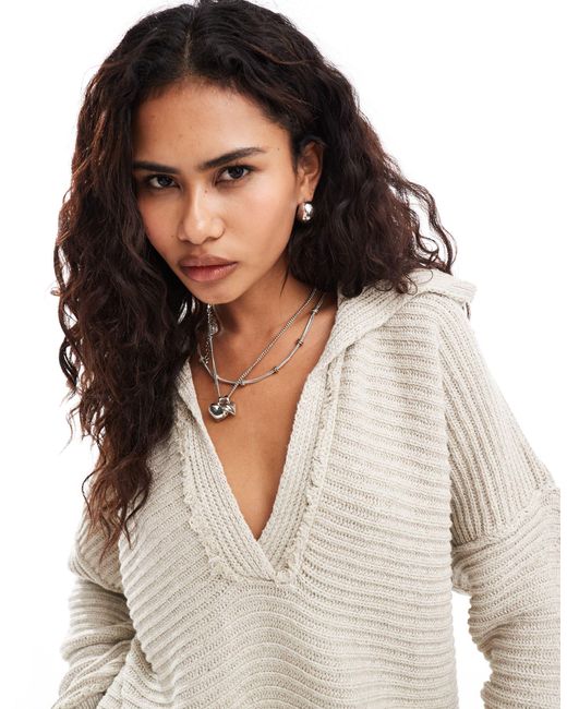 Free People White Marlie Deep V Ribbed Sweater