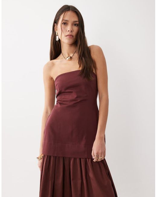 ASOS Brown Structured Cotton Bandeau Maxi Sundress With Dropped Waist Poplin Skirt