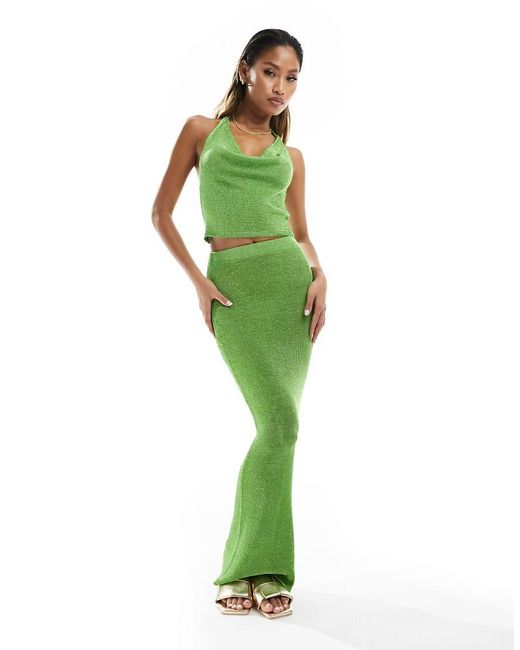 In The Style Green X Perrie Sian Metallic Knitted Maxi Skirt Co-Ord