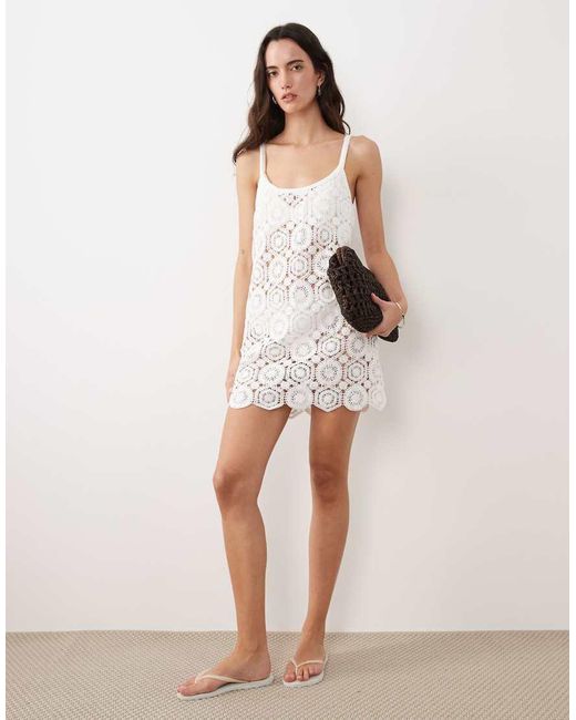 New Look White Floral Crochet Mini Beach Dress