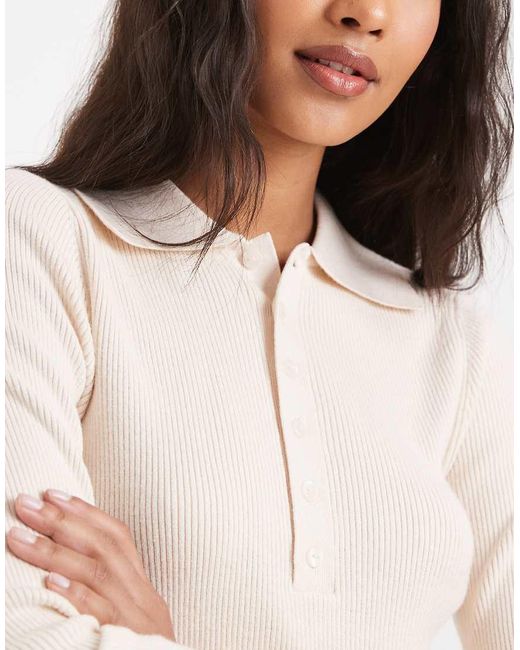 New Look Natural Button Polo Knitted Top