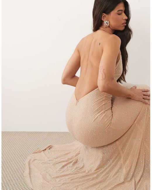 Oh Polly Brown Premium Embellished Plunge Halter Neck Low Back Maxi Dress
