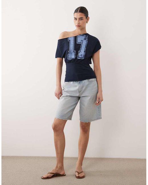ASOS Blue Off Shoulder Cinched Waist T-shirt With Varsity Number Graphic