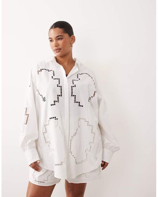 ARRANGE White Curve Oversized Shirt Co-Ord With Cutwork Embroidery