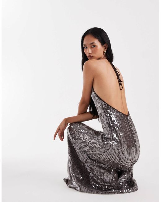 disc sequin maxi dress Vero Moda Disc Sequin Halter Neck Maxi Dress in Black