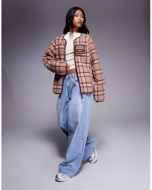 ASOS Multicolor Weekend Collective Borg Zip Through Fleece With Pink Check Design
