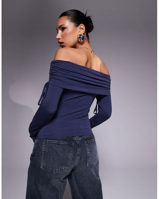 ASOS Blue Soft Handle Off Shoulder Ruched Long Sleeve Top