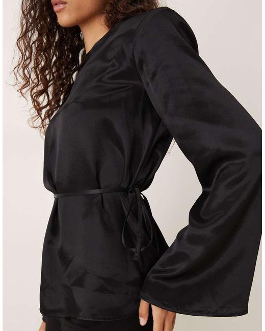 ASOS Black Satin Blouson Tie Waist Top With Shoulder Pads