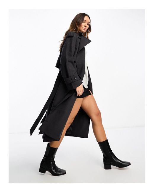 & Other Stories Black Wool Blend Belted Trench Coat