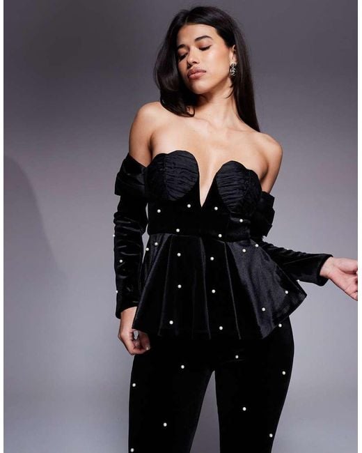 ASOS Black Velvet Off The Shoulder Pearl Detail Top With Heart Detail