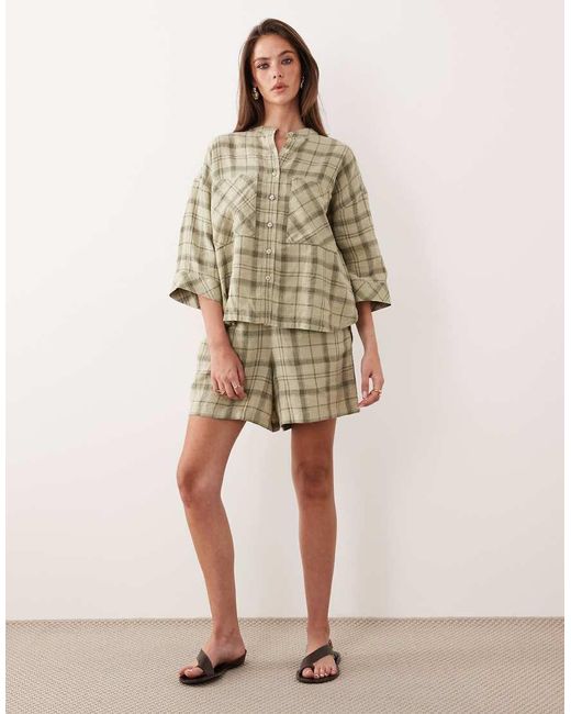 Barbour Brown Orla Co-ord Short Sleeve Linen Oversized Collarless Tartan Shirt