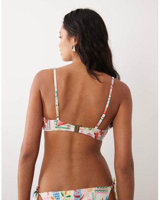 Accessorize Brown Postcard Print Ruched Bikini Top