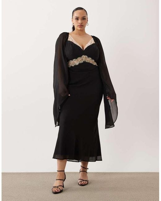 ASOS Black Asos Design Curve Lace Applique Chiffon Mix Draped Sleeve Midi Dress