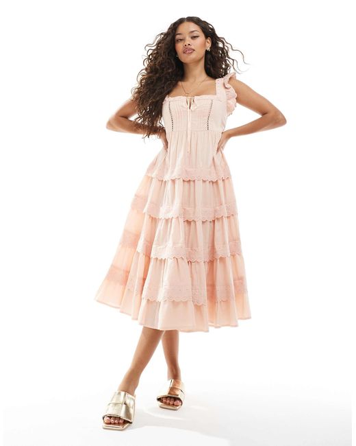Miss Selfridge Pink Lace Eyelet Trim Babydoll Midi Dress