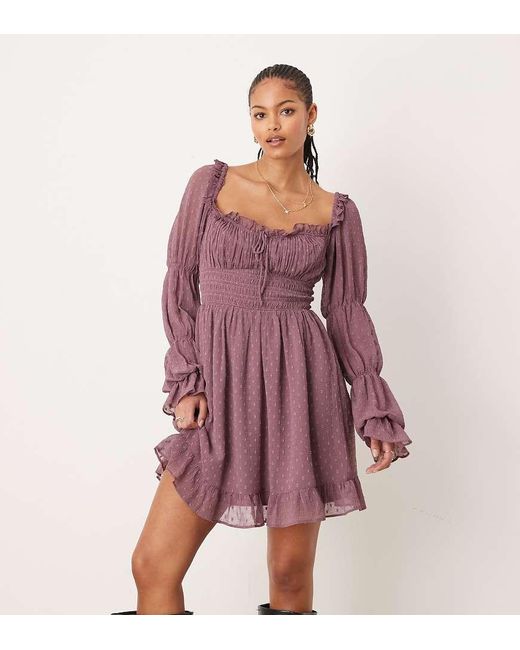 Vestido Corto De Manga Larga De Estilo Mesonera Con Cintura Fruncida De Plumeti De Asos Design Tall ASOS de color Purple